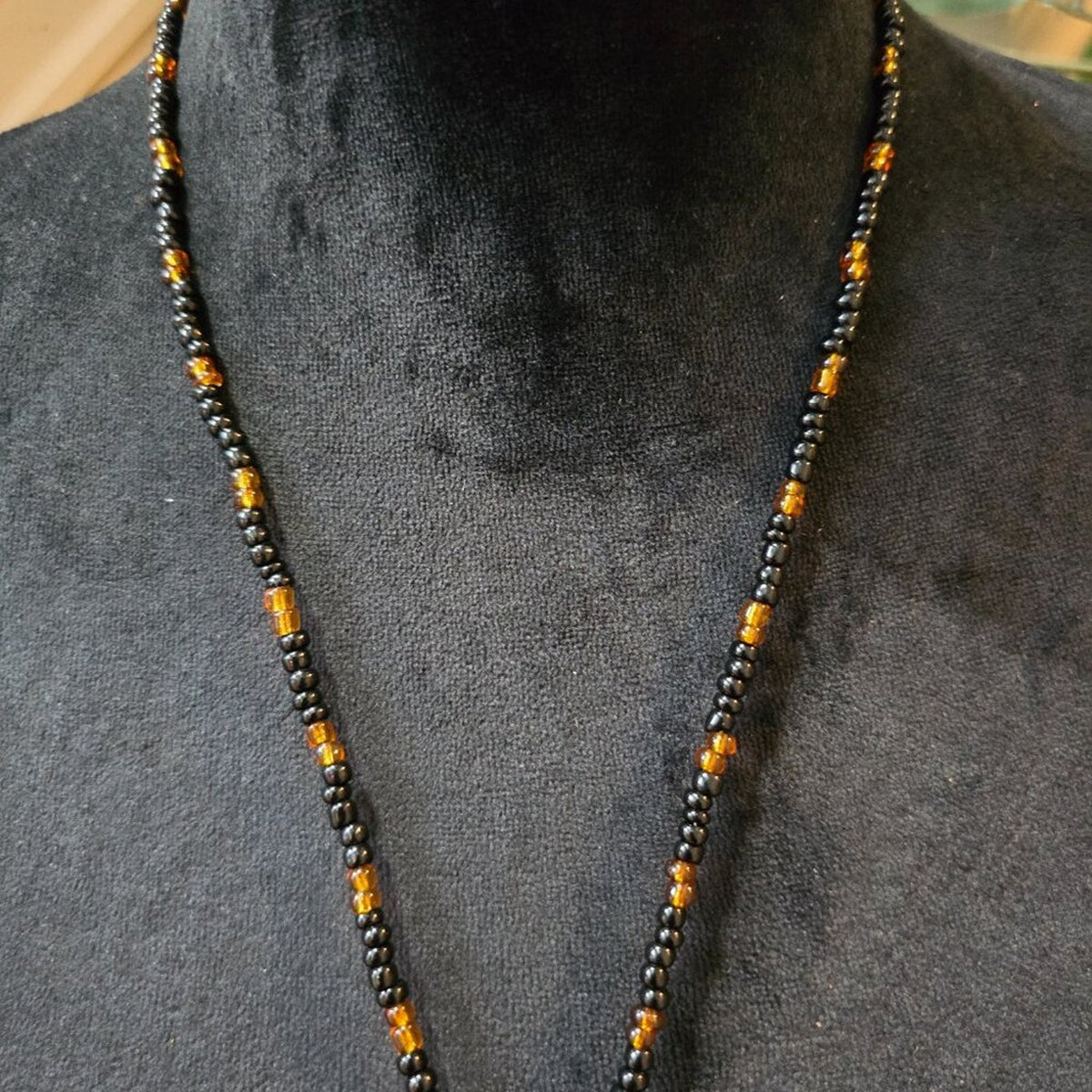 Womens Black Glass Seed & Baltic Amber Beads Adjustable Hallie Lariat Necklace