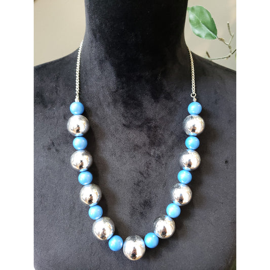 Women's Bold Beaded Necklace Chunky Blue Silver Balls Statement Lobster Clasp