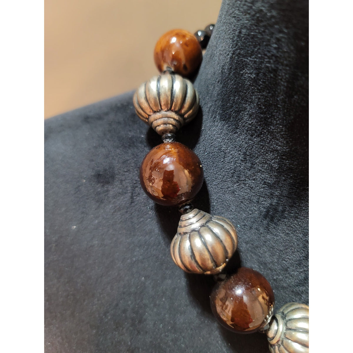 Women's Chunky Brown Beaded Necklace With Antique Silver Accents And Chain Lock