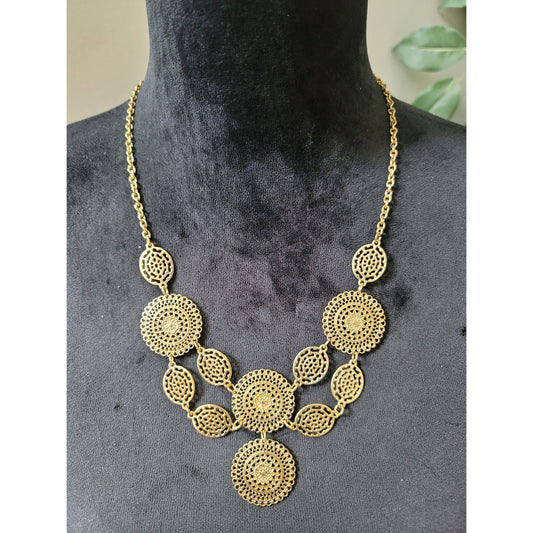 Women's Gold Statement Necklace with Filigree Discs and Lobster Claw Lock