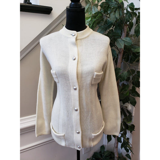 Vintage Beige Solid Spring Knitted Crew Neck Long Sleeve Cardigan Sweater Medium