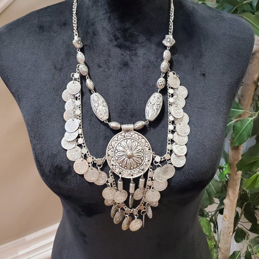 Womens Silver Center Coin Extender Chain Statement Necklace with Lobster Clasp