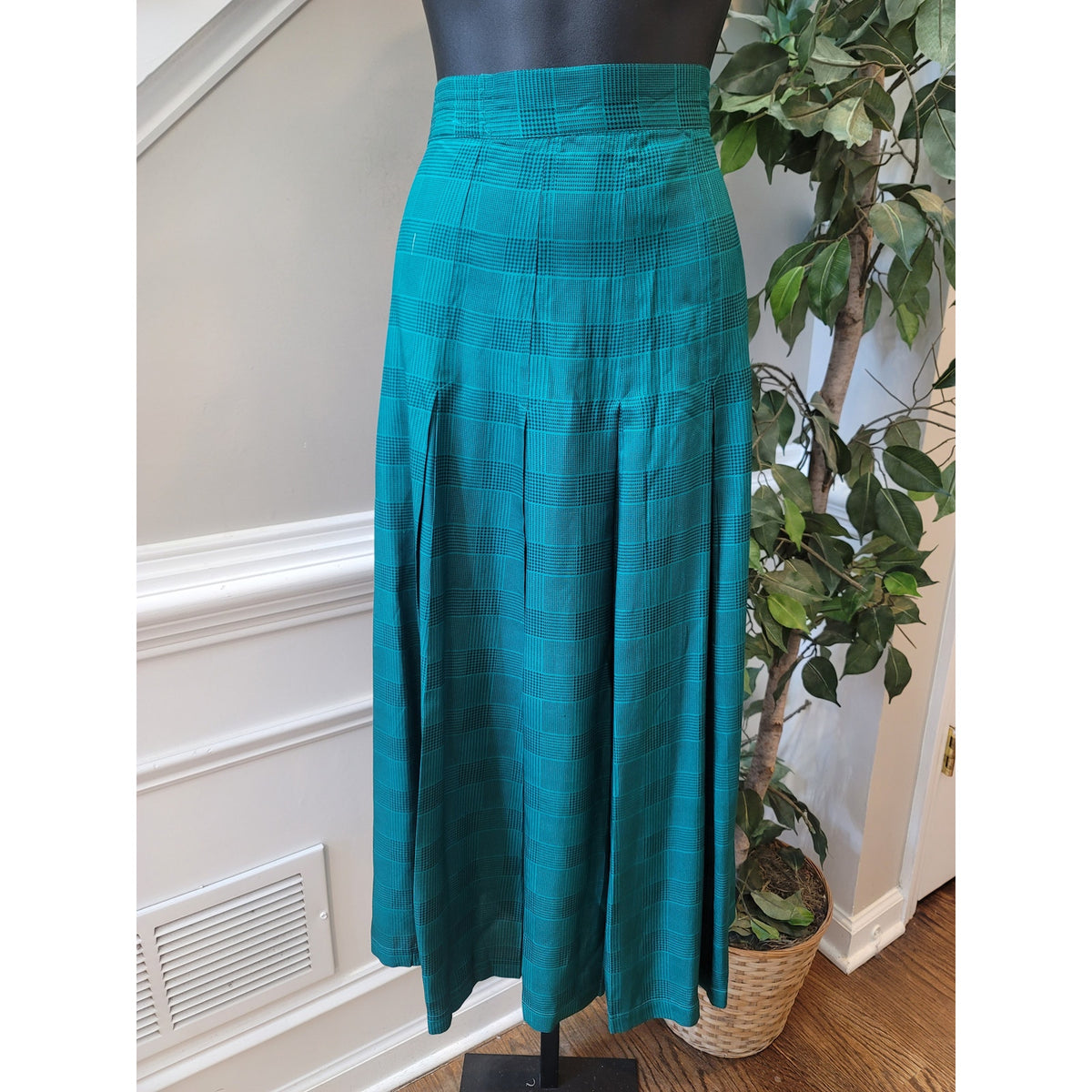 Vintage Silk Club Skirt Suit Medium Teal Green Houndstooth Plaid  Blazer