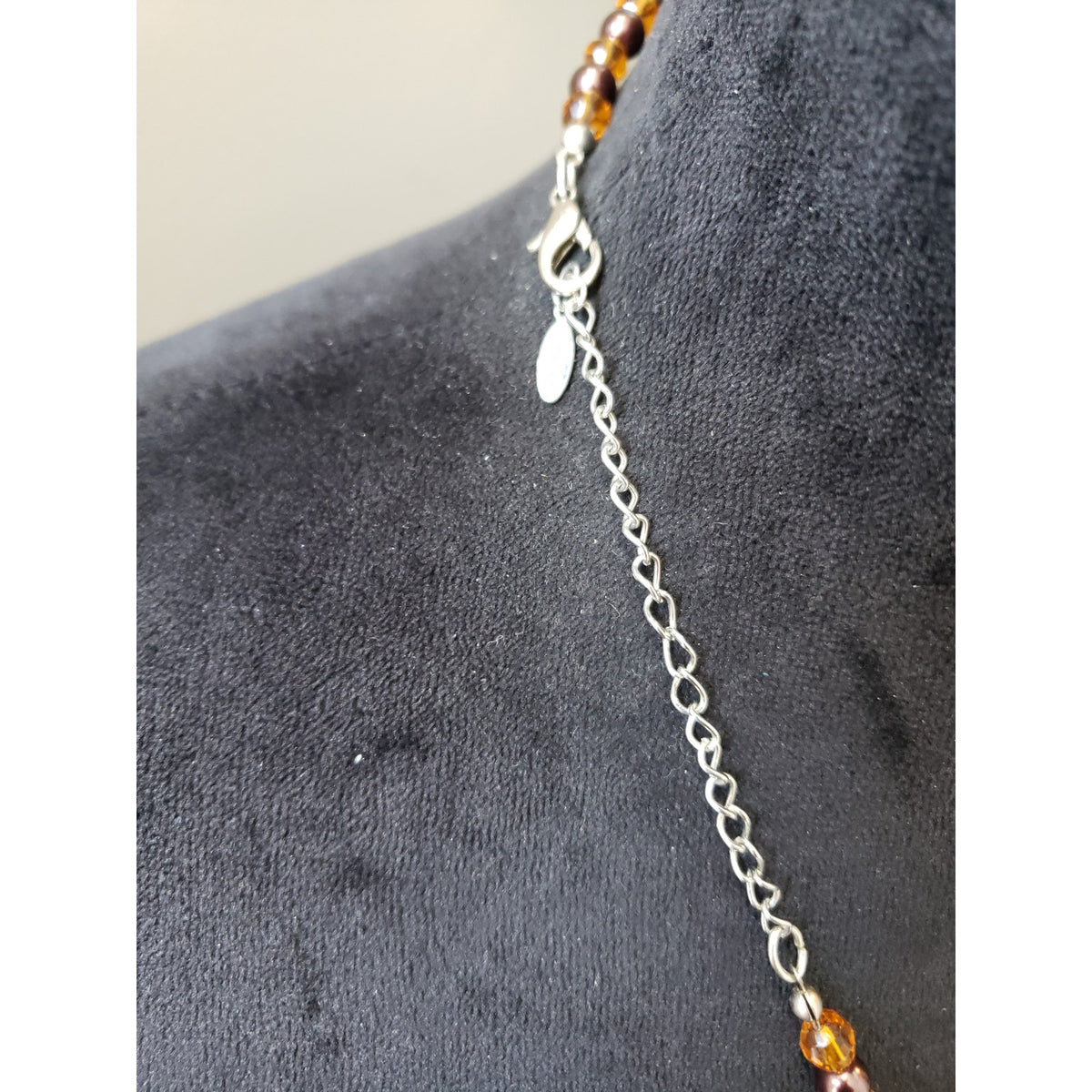 Vintage Amber Glass Bead Necklace with Teardrop Pendant and Gold Accents
