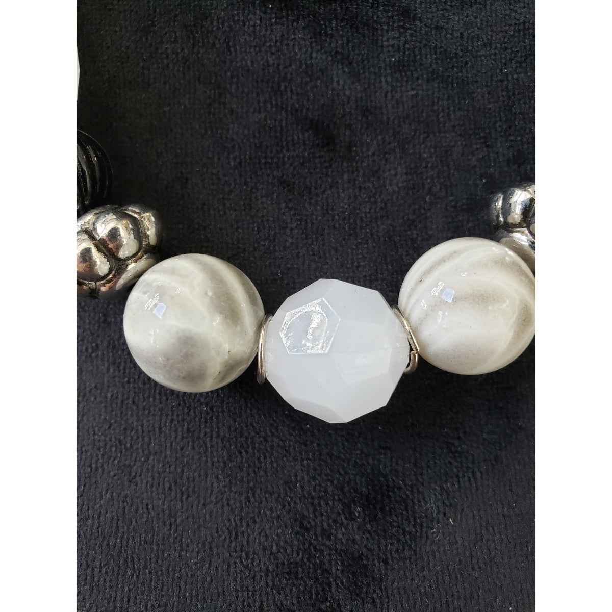Womens Gray Silver & Black Chunky Beads Moonlight Stone Necklace with Lobster