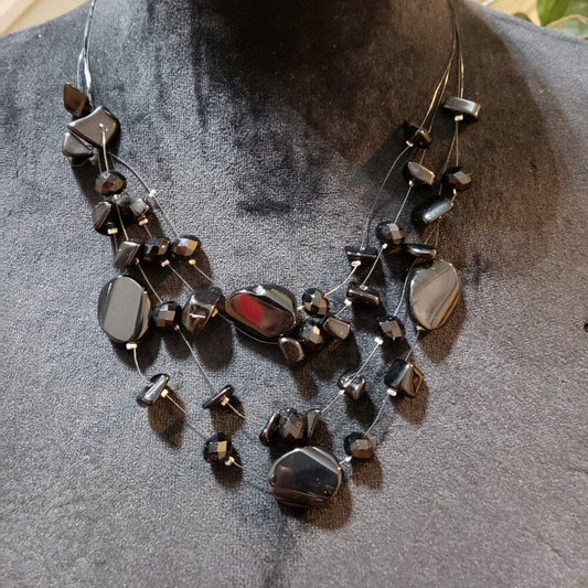 Womens Fashion Black Enamel Stone 4 Layered Necklace Jewelry w/ Lobster Clasp