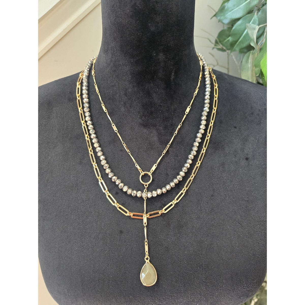 Gold Tone Faux Pearl Multi Strand Layered Pendant Statement Necklace