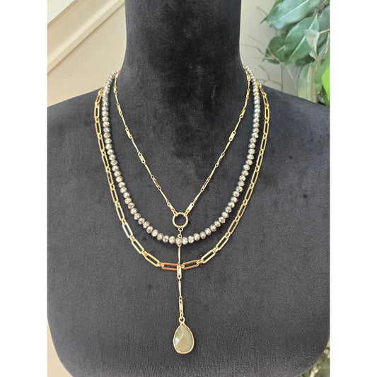Gold Tone Faux Pearl Multi Strand Layered Pendant Statement Necklace