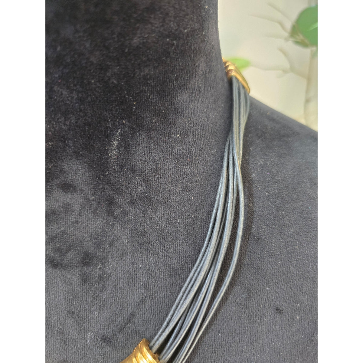 Hammered Gold Tone Crescent Bib Statement Necklace Black Multi Cord