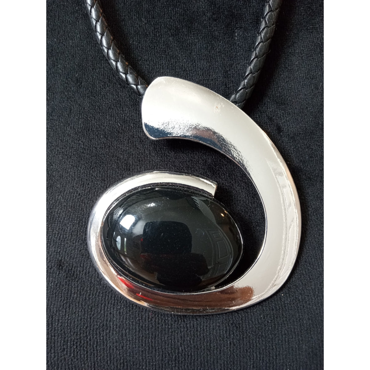 Silver Tone Abstract Swirl Pendant Necklace Black Cord Modern Statement Jewelry