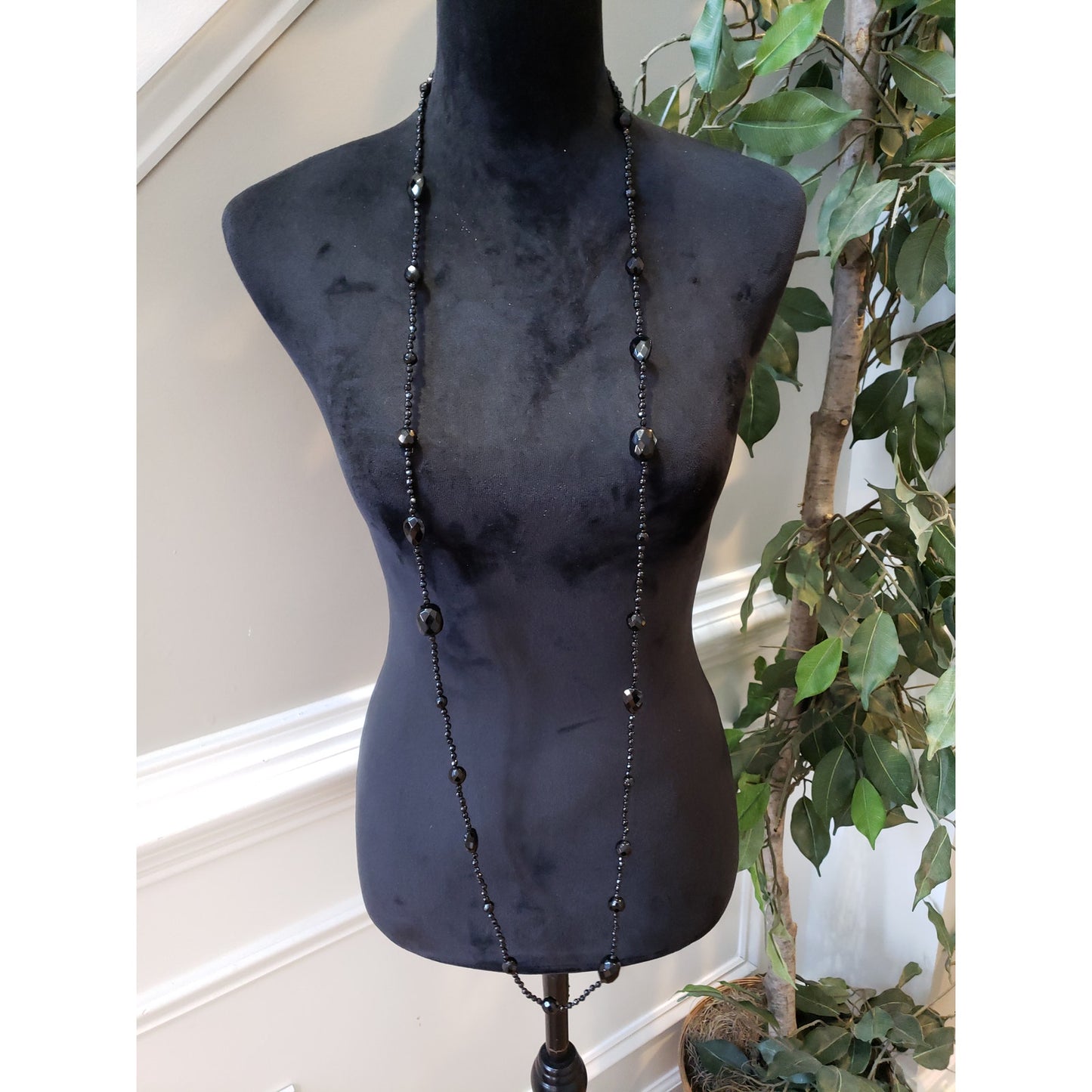 Women's Black Faceted Beaded Long Layered Necklace Elegant Fashion Jewelry