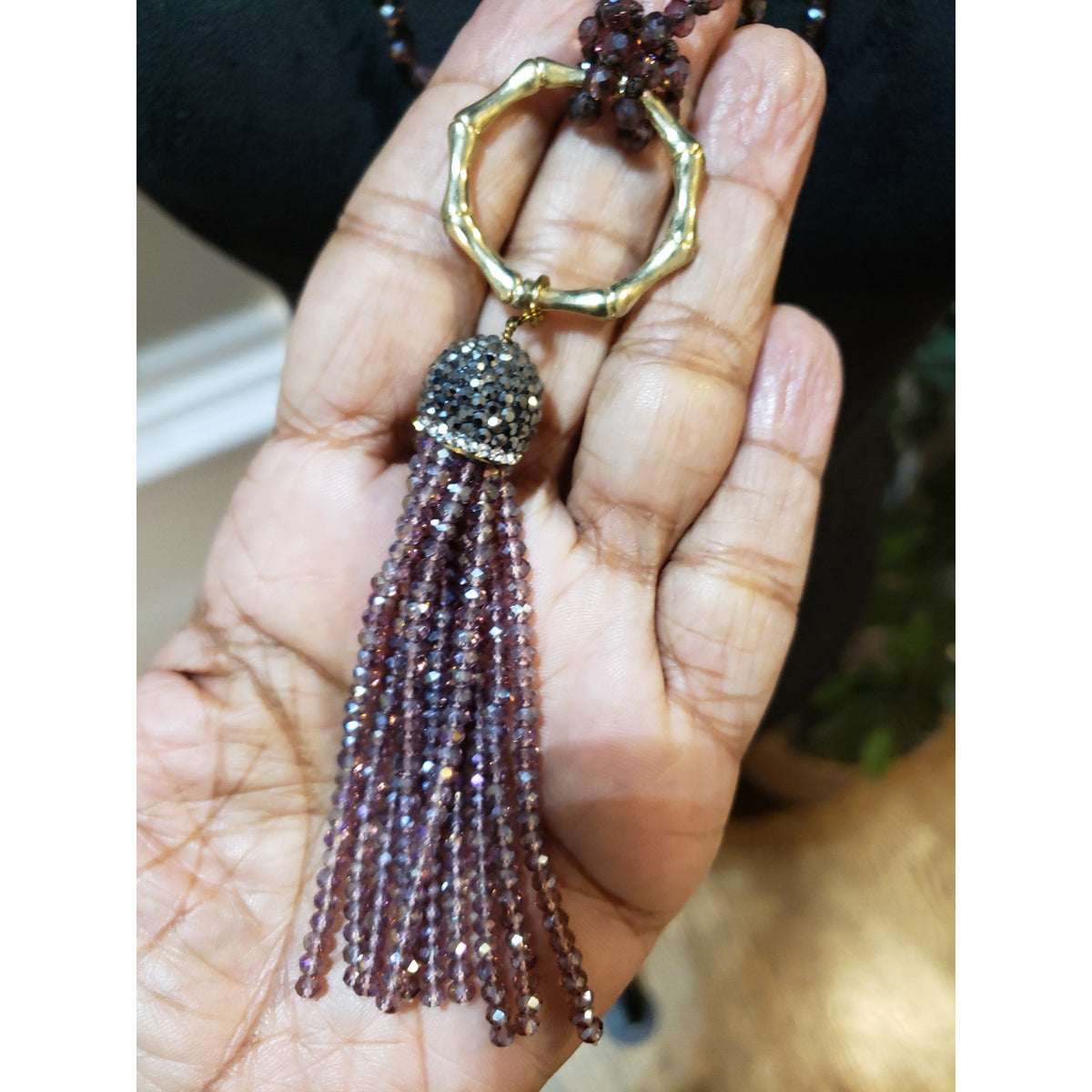 Womens Purple Aurora Borealis Faceted Glass Beaded Tassel Long Necklace Jewelry