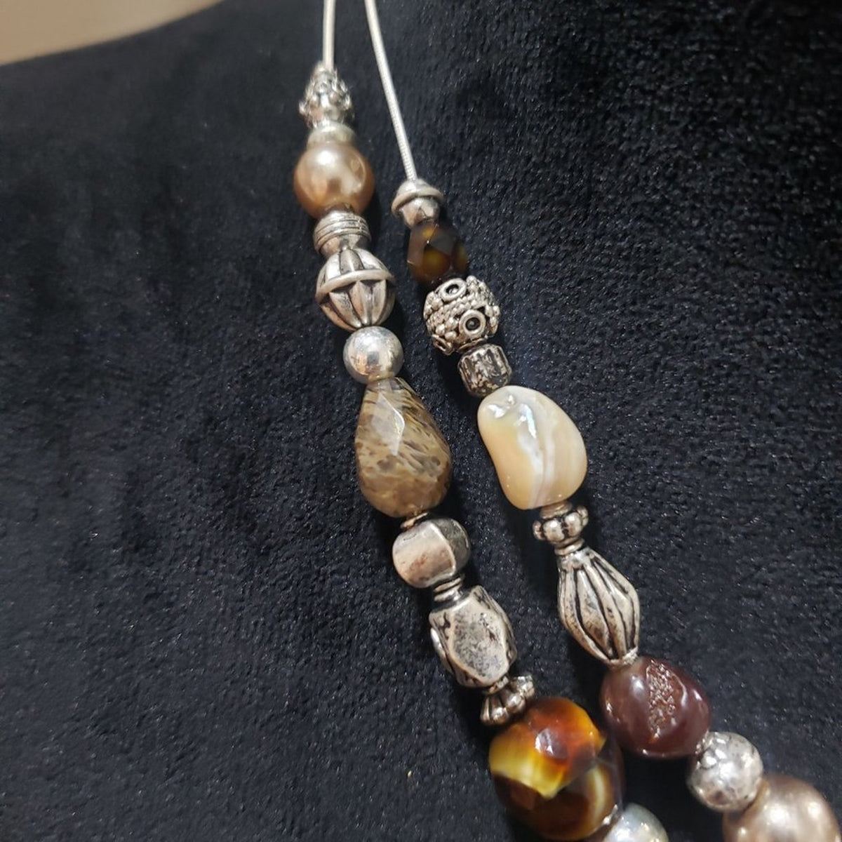 Women Fashion Double Strand Jasper Focal Stone Charm Beaded Pendant Necklace