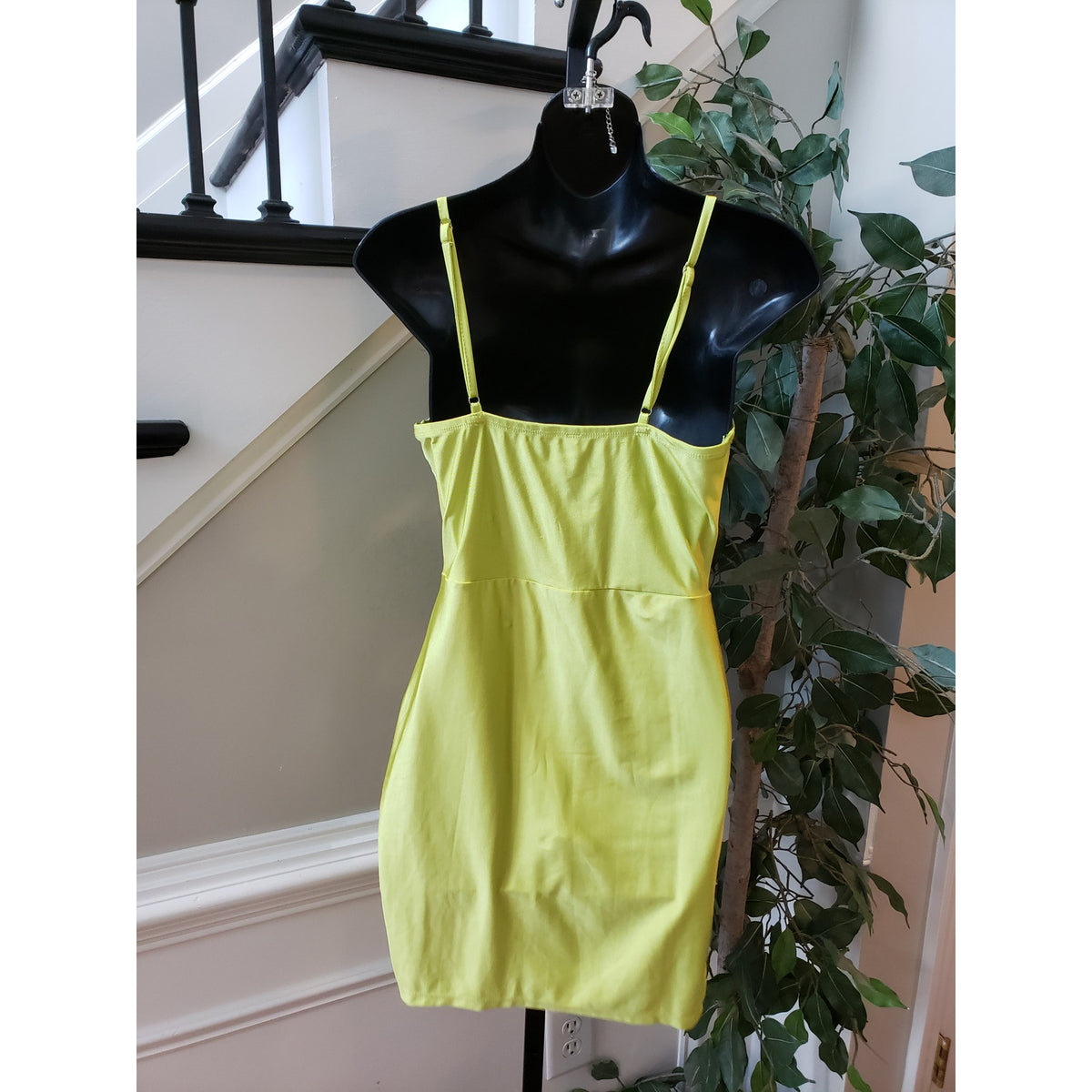 Blaishe Mini Bodycon Dress Womens Medium Lime Green Satin Faux Wrap Square Neck