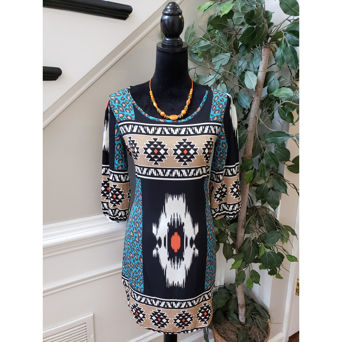 Jay Fit & Flare Dress Women's Small Black White Geometric Round Neck Long Sleeve