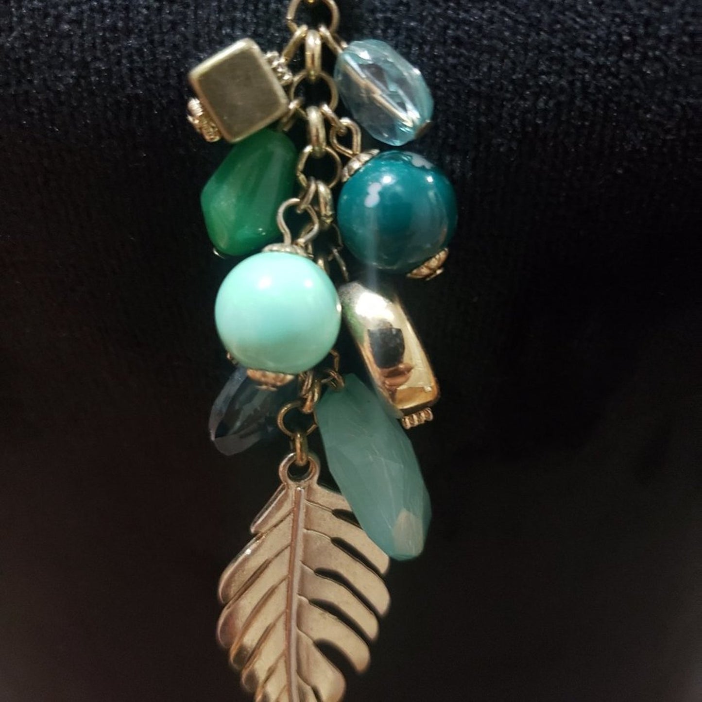 Women Gold Tone Chain Multicolor Dangle Rhinestones Leaf Tassel Charm Necklace
