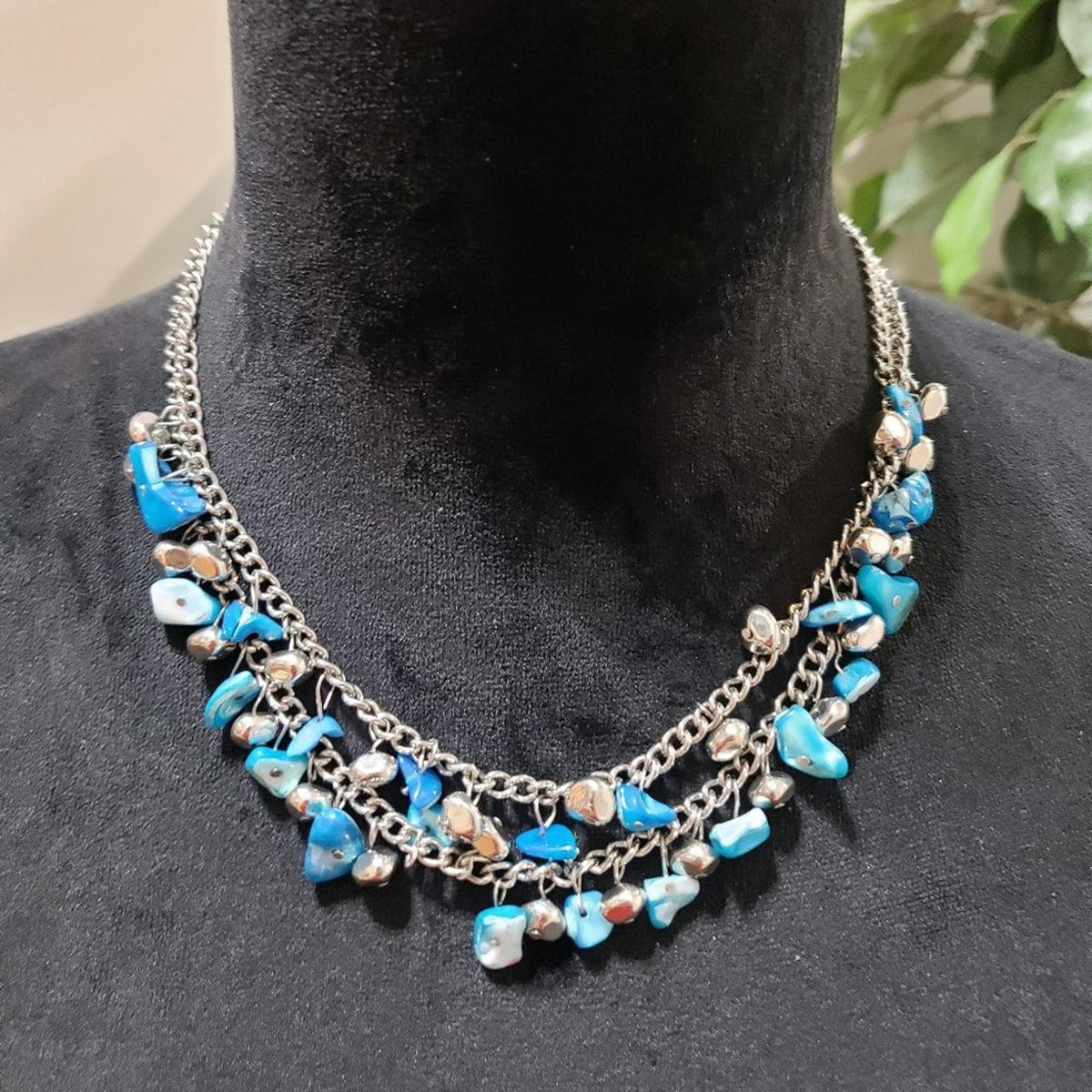 Womens Fashion Double Stranded  Silver Tone Chain Blue Beads Necklace with Lobst