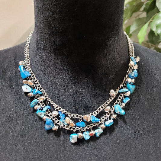 Womens Fashion Double Stranded  Silver Tone Chain Blue Beads Necklace with Lobst
