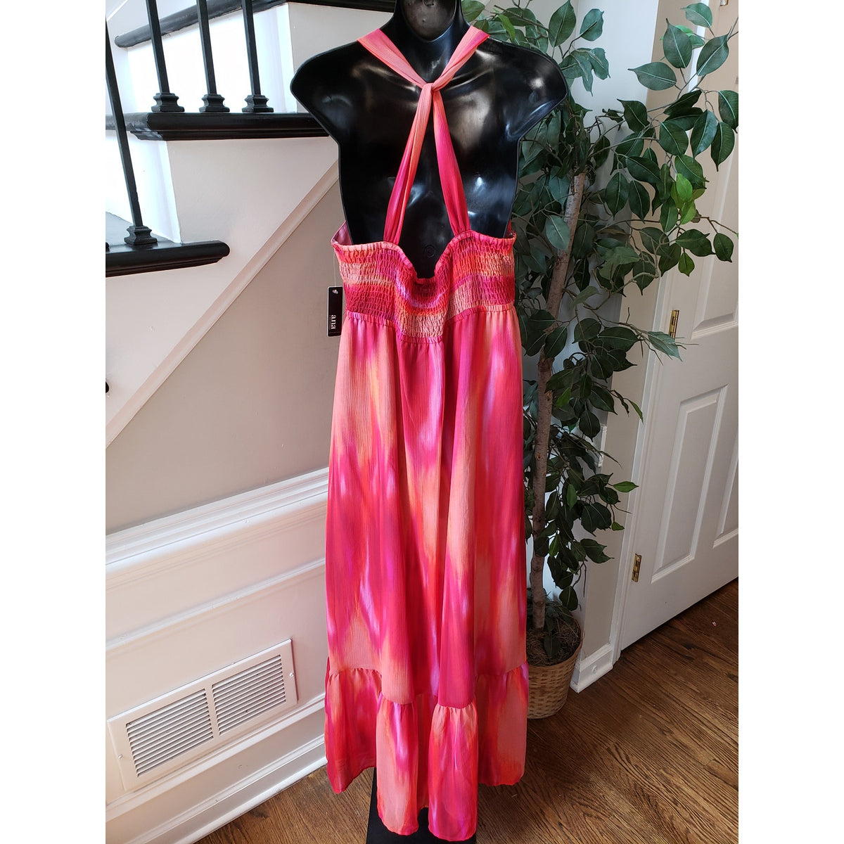 A.N.A Long Maxi Dress Women's Size XL Multi Tie Dye Cinch Waist Back Wrap V Neck