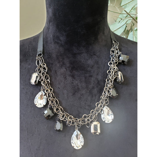 Women Gun Metal Multi-Shaped Resin Black Beads Crystal Charm Necklace Adjustable