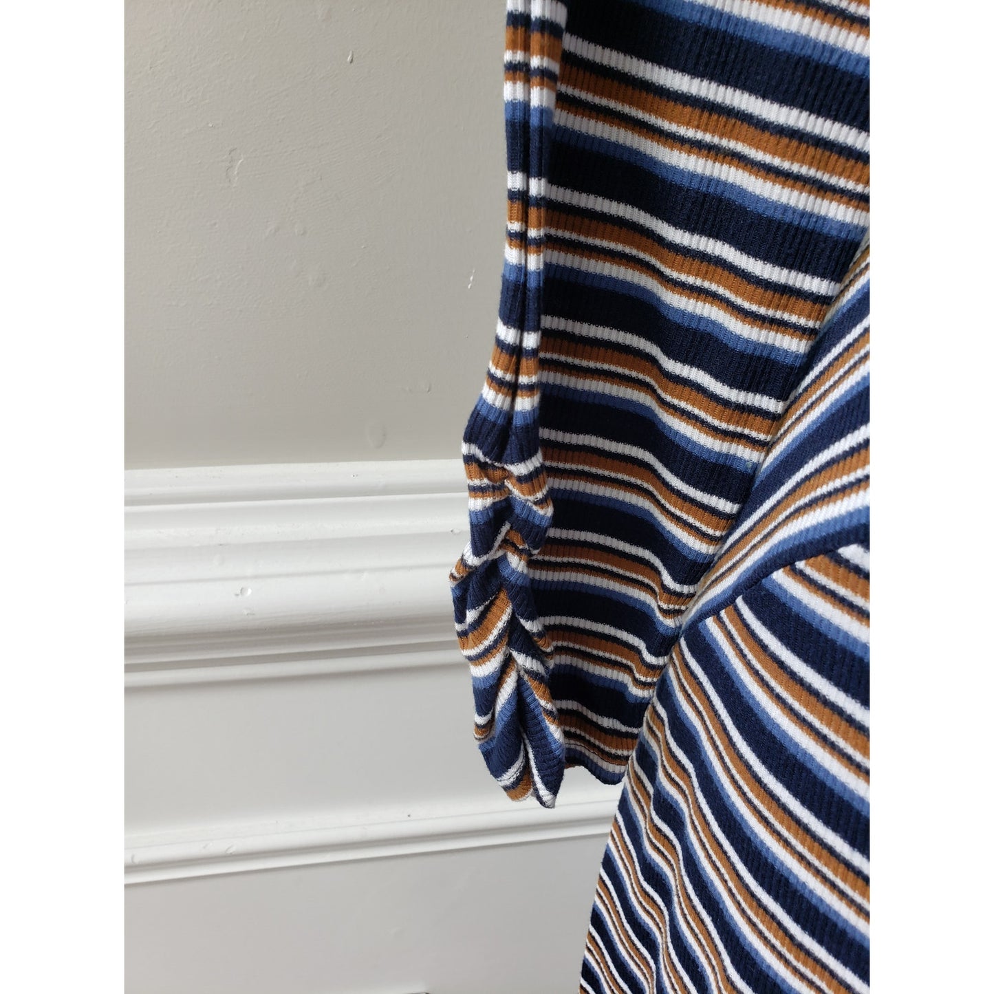 APT. 9 Sheath Dress Womens XL Blue & White Striped Knit Ruched Sleeve Round Neck