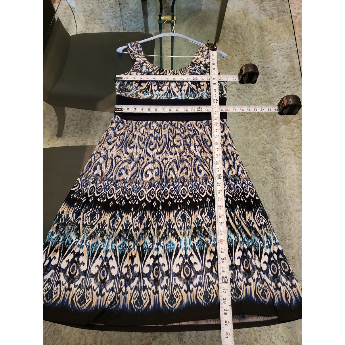 R&M Richards Sheath Dress Womens 12 White Blue Filigree Print Pleated Scoop Neck