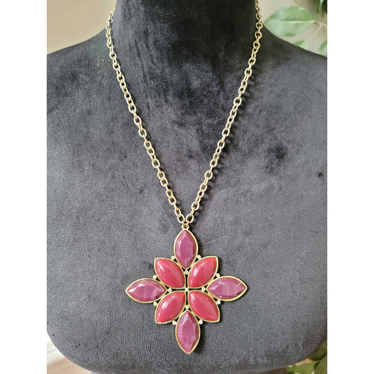 Women's Red Floral Pendant Necklace Gold Tone Statement Jewelry Lobster Clasp