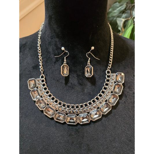 Women's Silver Tone Statement Necklace Faceted Glass Rhinestone Chain Bib Set