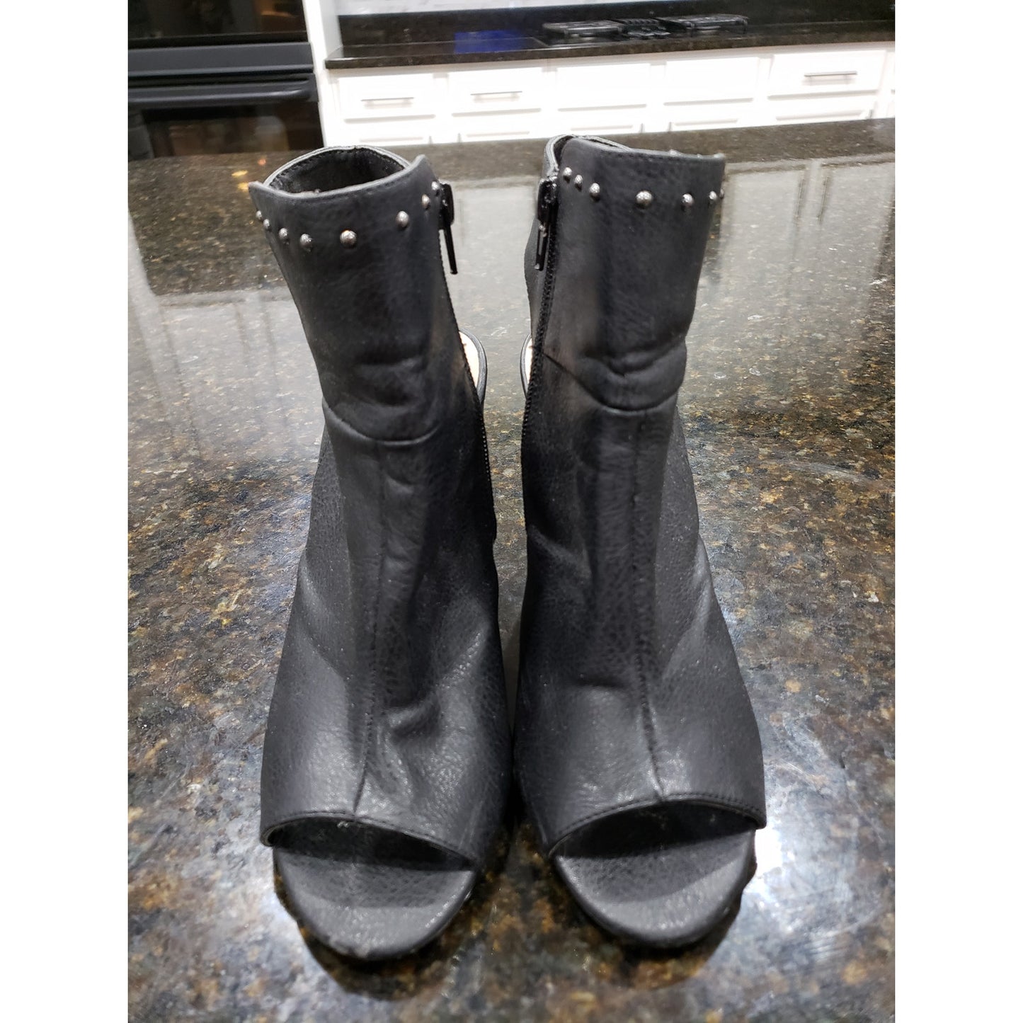 Penny Loves Kenny Ankle Boots Womens Size 7.5M Black Leather Studded Open Toe