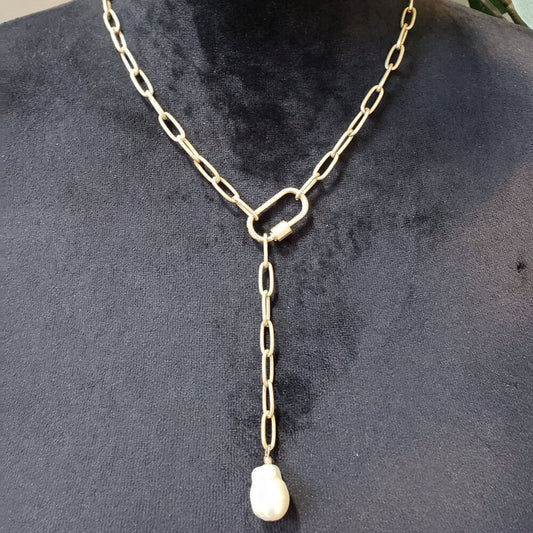 Women Gold Tone White Nucleated Pearl Tassel Paperclip Chain Necklace w/ Lobster