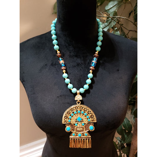 Womens Western Faceted Blue Turquoise Acrylic Beads Filigree Pendant Necklace