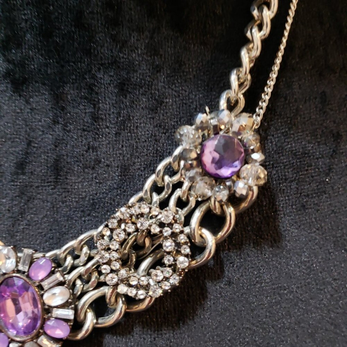 Womens Silver Amethyst & Rhinestone Double Chain Collar Necklace Lobster Clasp