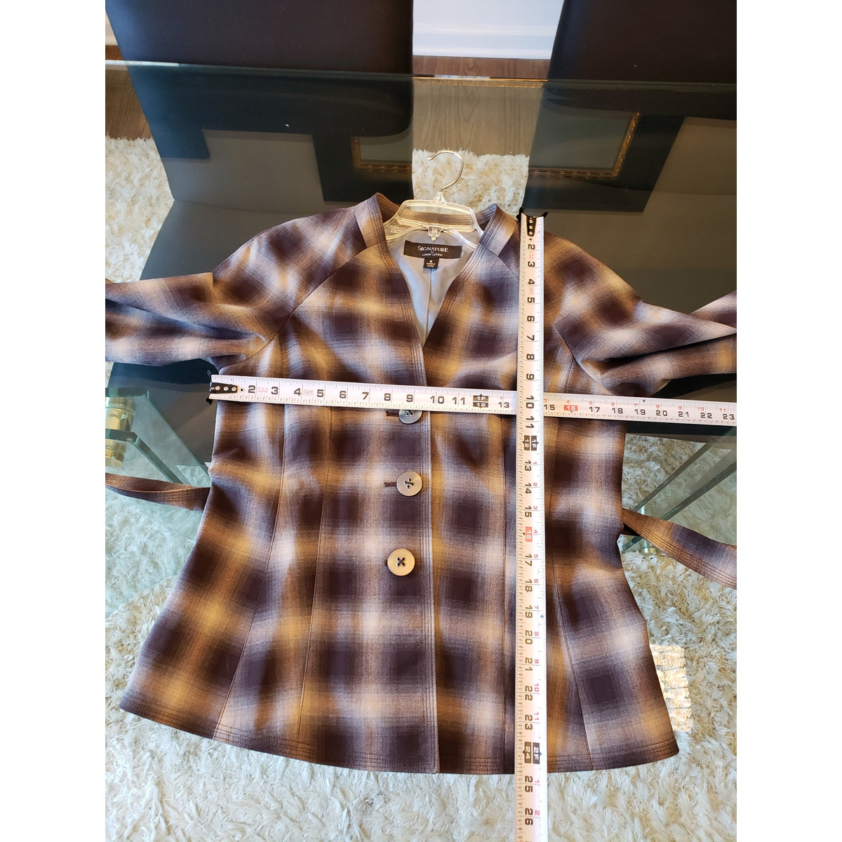 Signature by Larry Levine Jacket Womens Small Purple Plaid 3/4 Sleeve Tie Belted