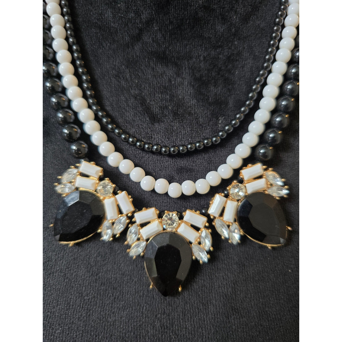 Black White Multi Strand Crystal Statement Necklace