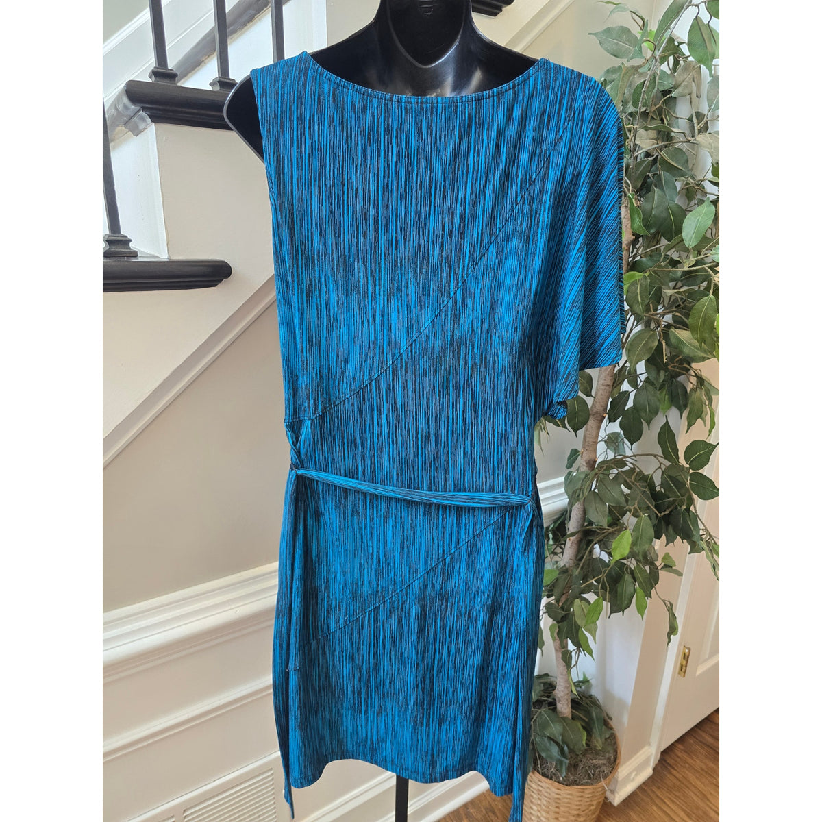 Worthington Stretch Dress Womens Small Blue/Black Space-Dye Waist-Tie One Sleeve