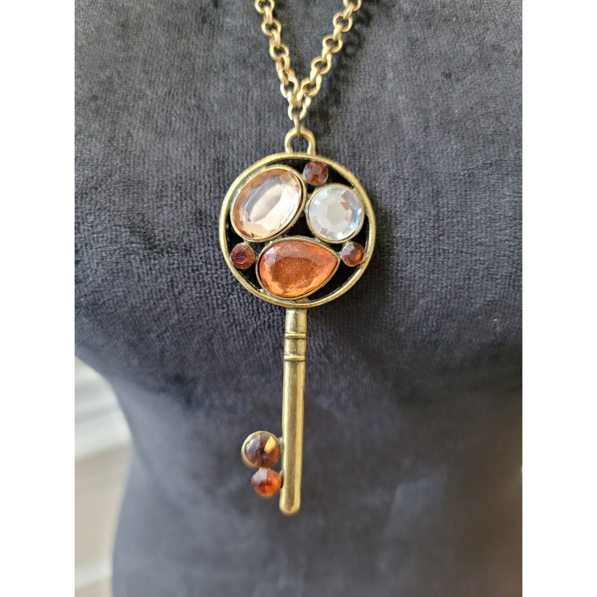 Chico's Women's Key Pendant Necklace With Colorful Gemstones Lobster Clasp Chain