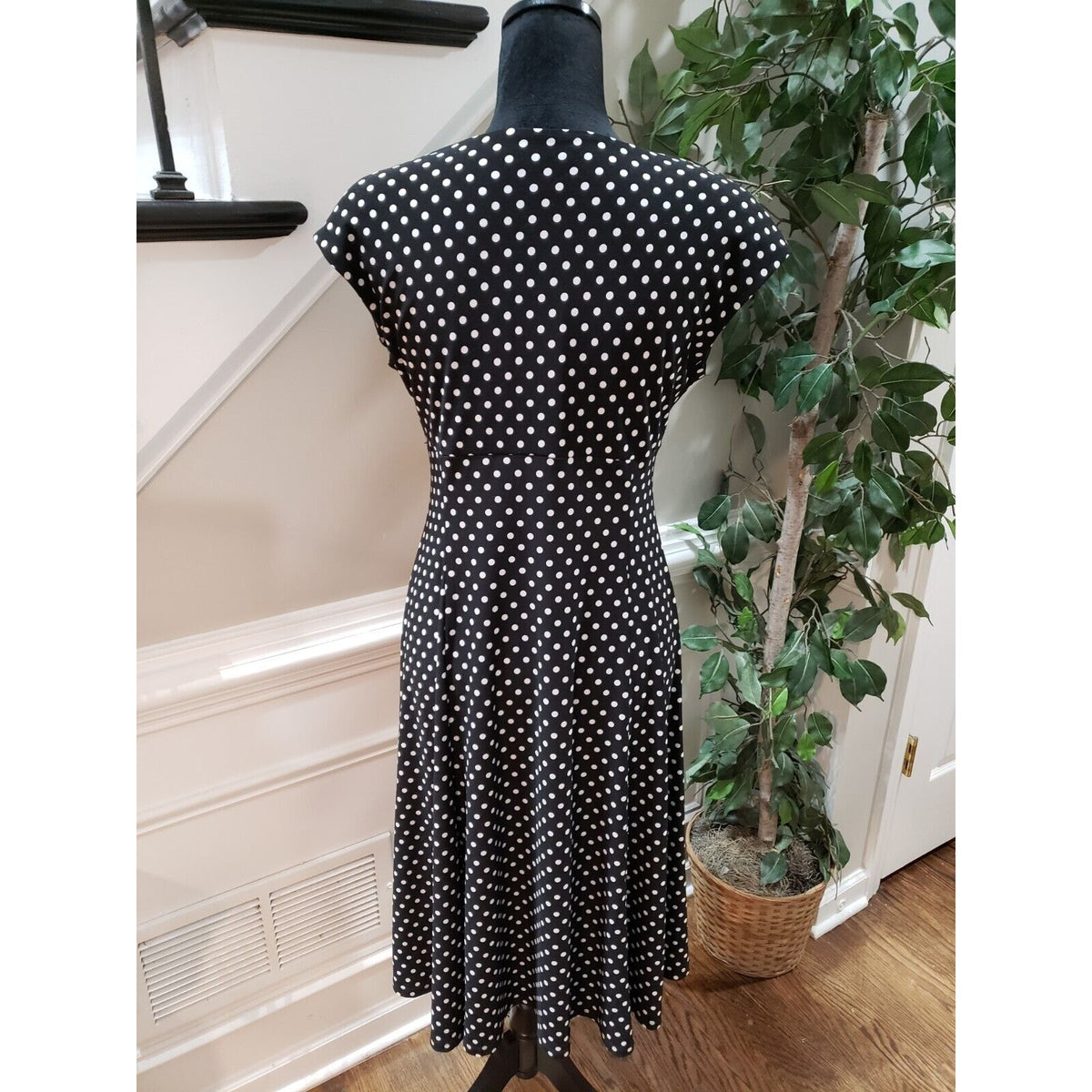 Chaps Womens Black & White Polyester Round Neck Short Sleeve Knee Length Dress M