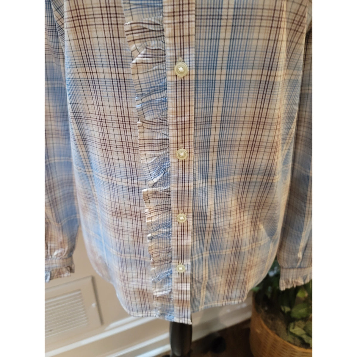 Loft Shirt Women XS Multi Cotton Plaid Ruffle Band Collar Curved Hem Button-Up