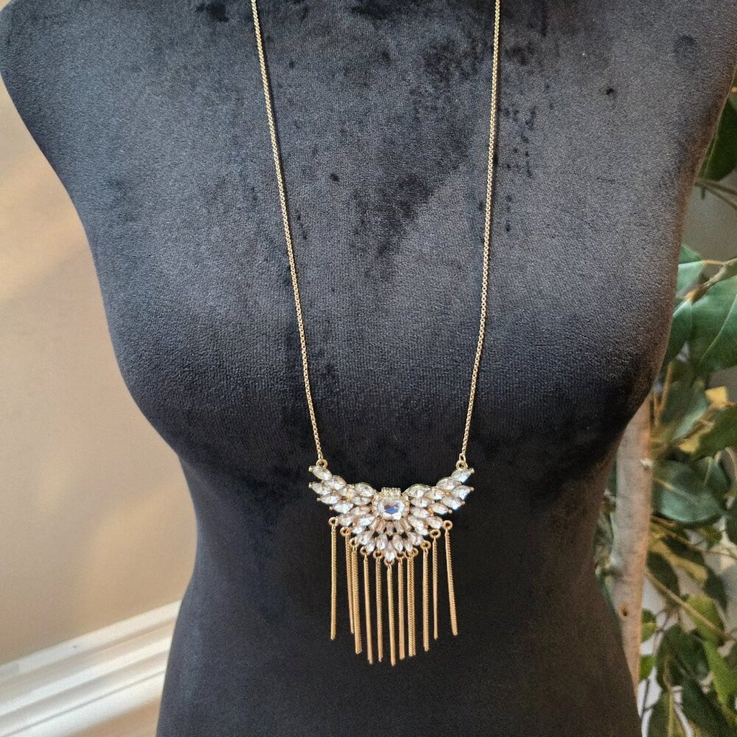 Womens Clear Rhinestone Tassel Pendant Gold Tone Chain Necklace w/ Lobster Clasp