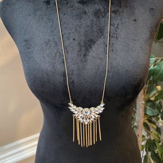 Womens Clear Rhinestone Tassel Pendant Gold Tone Chain Necklace w/ Lobster Clasp