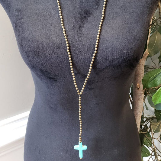 Womens Fashion Brass Beads Chain Turquoise Stone Cross Tassel Necklace Jewelry