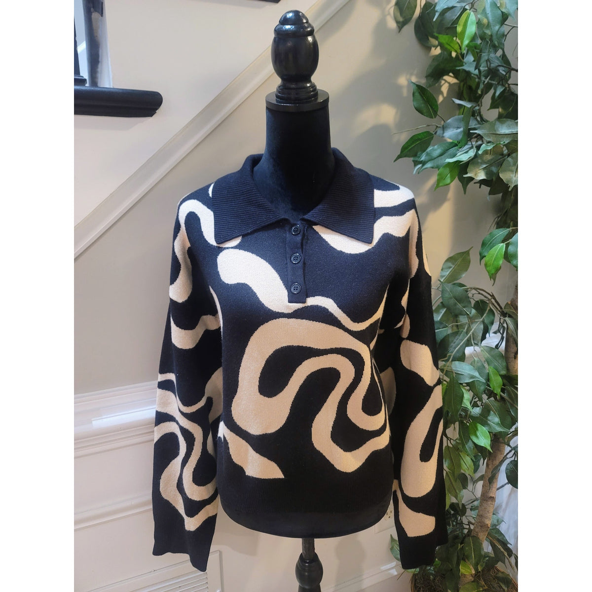 Cider Polo Sweater Women's 2XL Black/Beige Abstract Drop Shoulder Pointed Collar