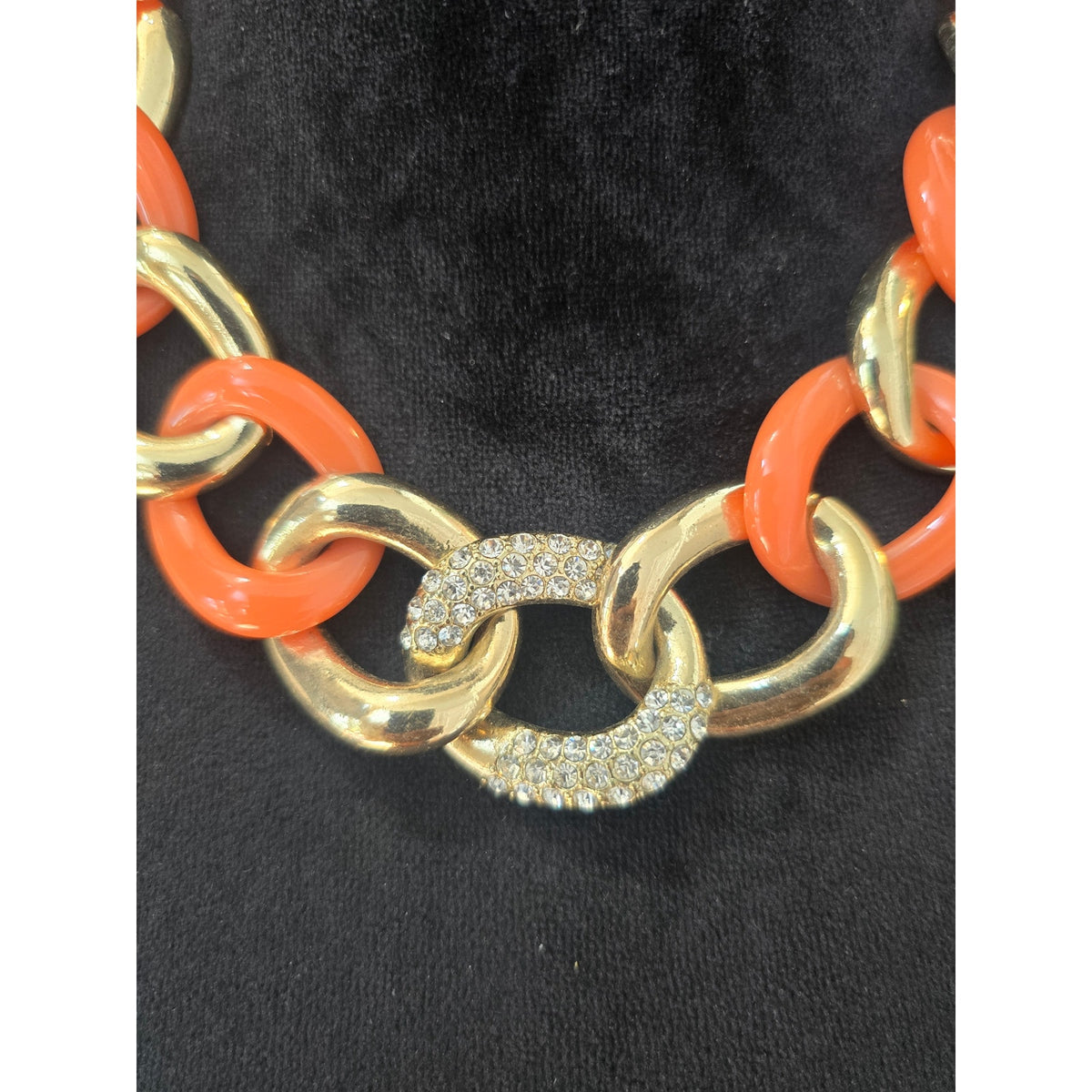 Lightweight Orange Gold Tone Chunky Chain Link Rhinestone Statement Necklace