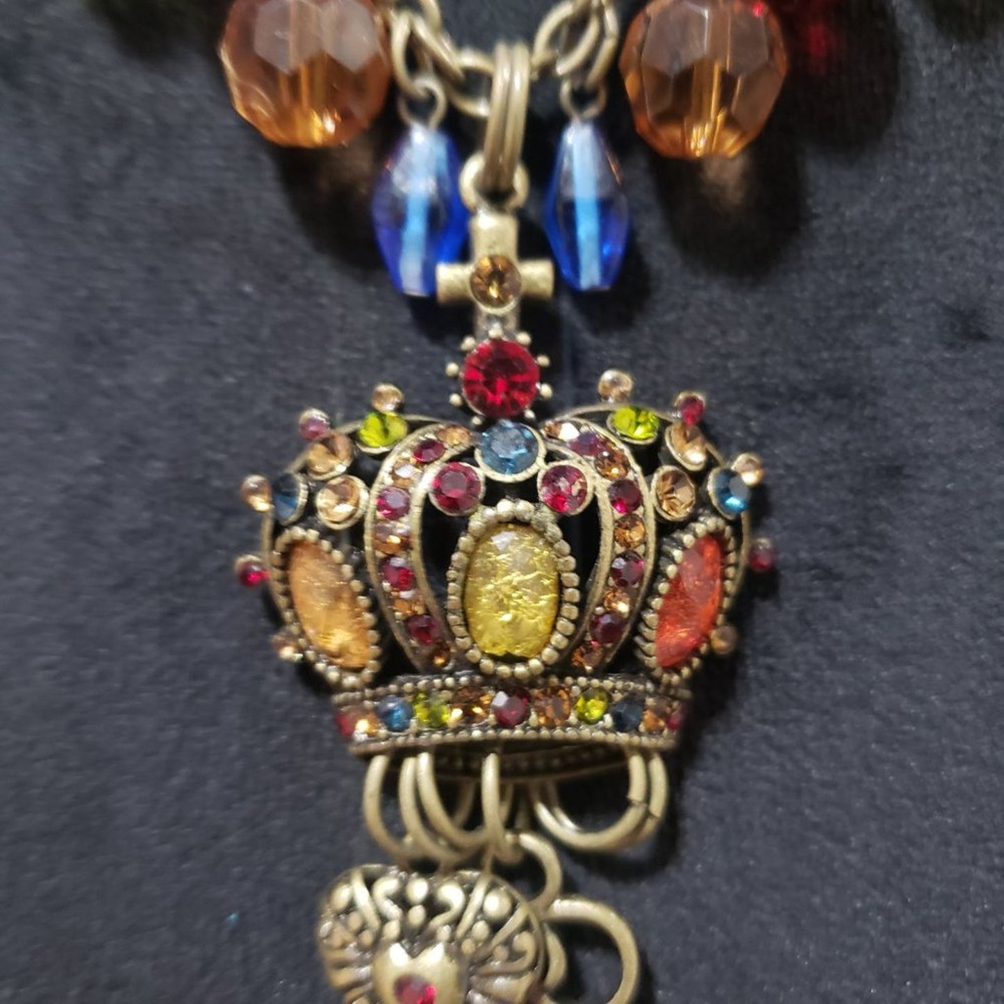 Gold Layered Multi-Row Crown Crystal Key King Heart Cross Charm Long Necklace