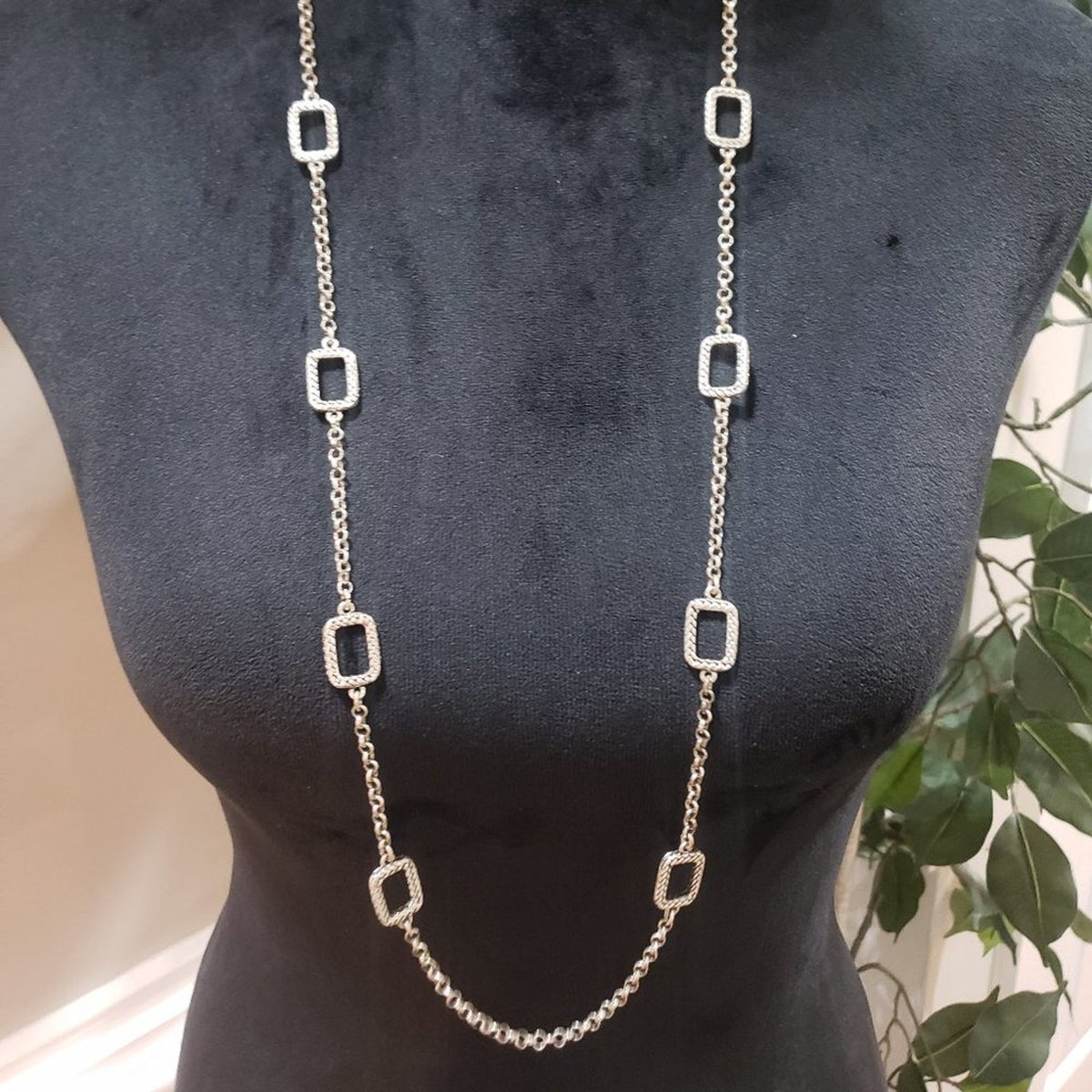 Women Fashion Silver Tone Long Chain with Squares Links  Necklace w/ Lobster