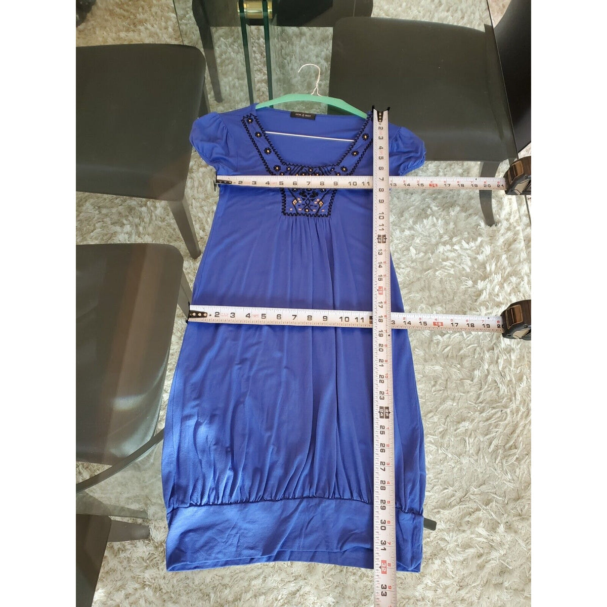 Sam & Max Women Blue Solid Viscose Square Neck Short Sleeve Knee Length Dress 8