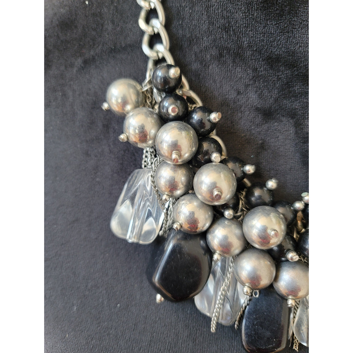Women's Chunky Silver Black Beaded Statement Necklace with Lobster Clasp Chain
