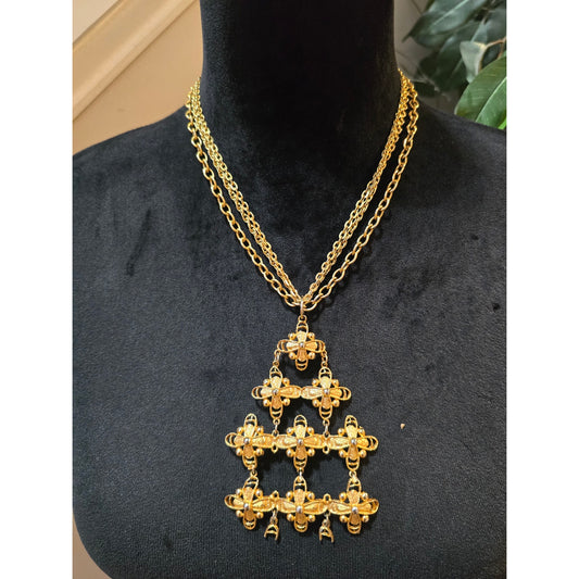Women's Vintage Gold Tone Multi Chain Necklace Bee Design Statement Pendant