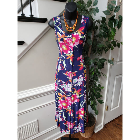Vintage BFA Classics Long Maxi Dress  Size L Blue Floral Round Neck Sleeveless