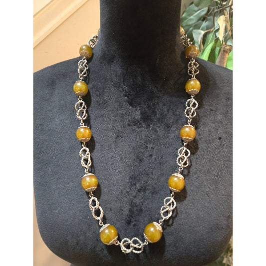 Women's Vintage Style Amber Color Bead Necklace Silver Tone Chain Round Beads